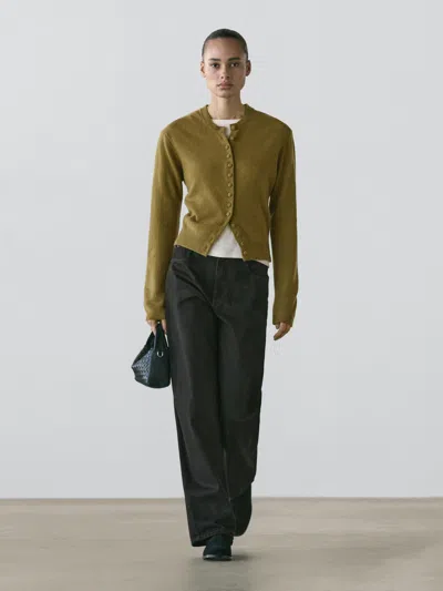 Massimo Dutti 100% Wool Knit Cardigan With Covered Buttons In Green