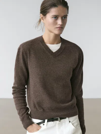 Massimo Dutti Wool Blend Knit V In Brown