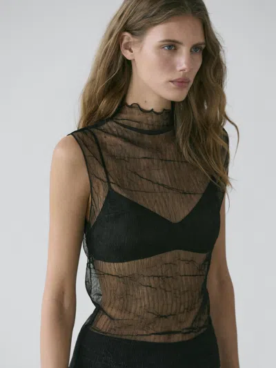 Massimo Dutti Sheer High Neck Top In Black