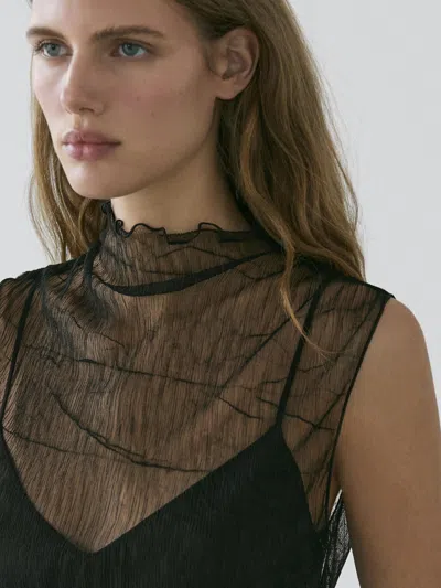 Massimo Dutti Sheer High Neck Top In Black