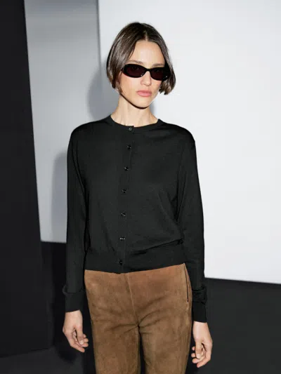 Massimo Dutti Wool Blend Knit Cardigan With Crew Neck In Black