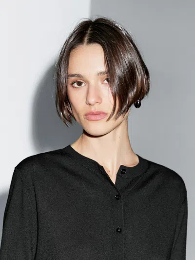 Massimo Dutti Wool Blend Knit Cardigan With Crew Neck In Black