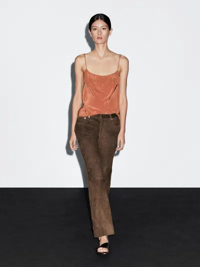 Massimo Dutti Goatskin Leather Trousers With Suede Finish In Brown