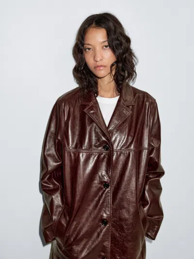 Massimo Dutti Long Nappa Leather Coat In Brown