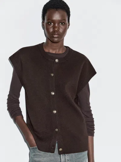 Massimo Dutti Knit Vest With Golden Buttons In Brown