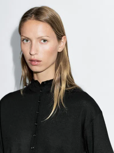 Massimo Dutti Knit Cardigan With Mock Turtleneck In Black