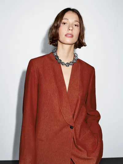 Massimo Dutti Linen Blend Shawl Collar Blazer In Burgundy