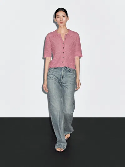 Massimo Dutti Cotton Blend Cutwork Polo Shirt In Pink