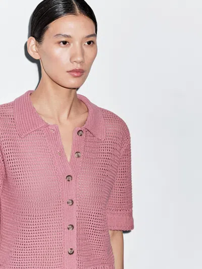 Massimo Dutti Cotton Blend Cutwork Polo Shirt In Pink