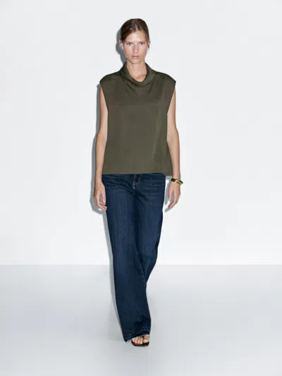 Massimo Dutti Flowing Blouse With Draped Neck Detail In Green