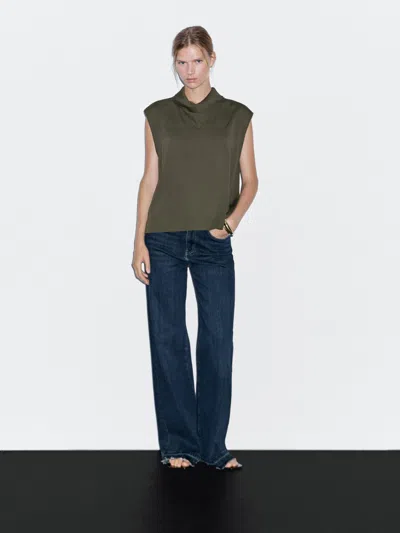 Massimo Dutti Flowing Blouse With Draped Neck Detail In Green