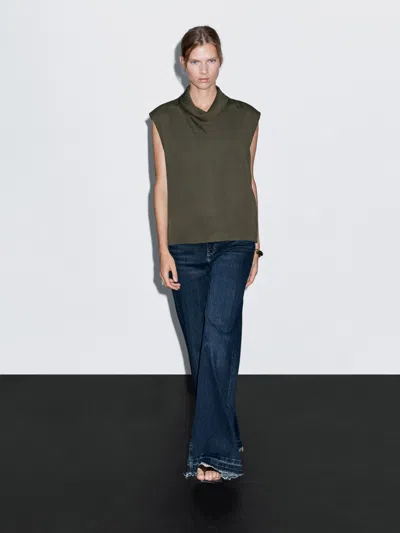 Massimo Dutti Flowing Blouse With Draped Neck Detail In Green