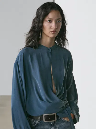 Massimo Dutti Flowing Surplice Blouse In Blue