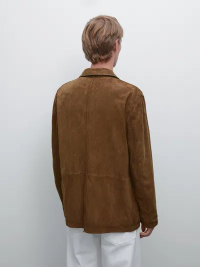 Massimo Dutti Suede Leather Blazer With Topstitching In Brown