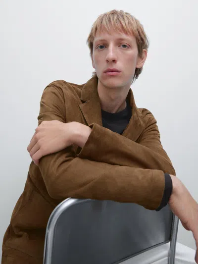 Massimo Dutti Suede Leather Blazer With Topstitching In Brown