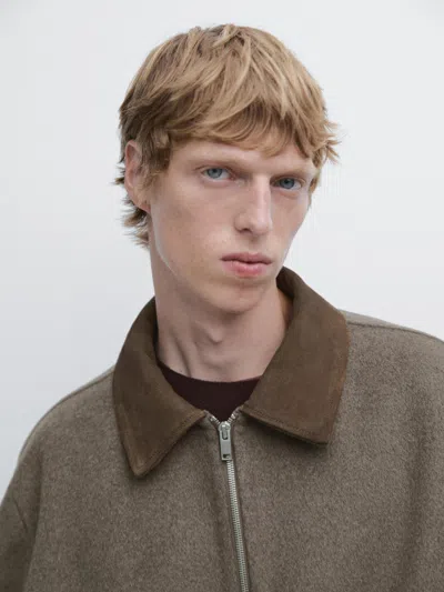 Massimo Dutti Double Wool Blend Jacket With Collar Detail In Brown
