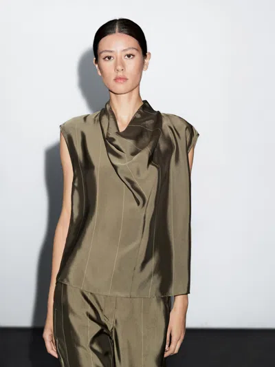 Massimo Dutti Flowing Blouse With Striped Details In Green
