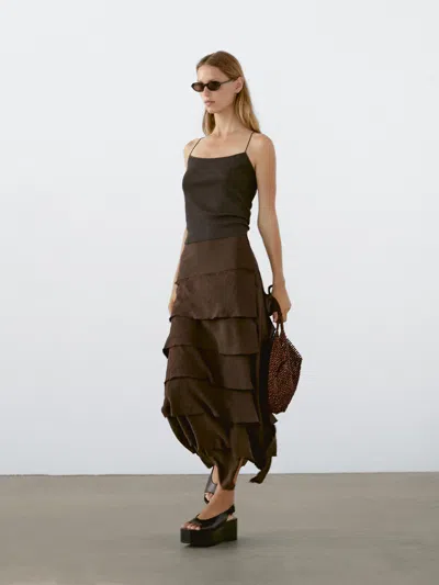 Massimo Dutti Midi Skirt With Ruffle Detail In Green