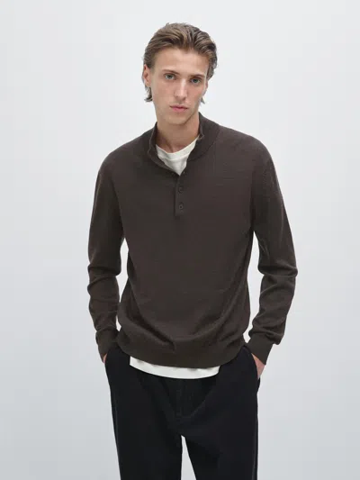 Massimo Dutti 100% Wool Mock Neck Sweater With Buttons In Brown
