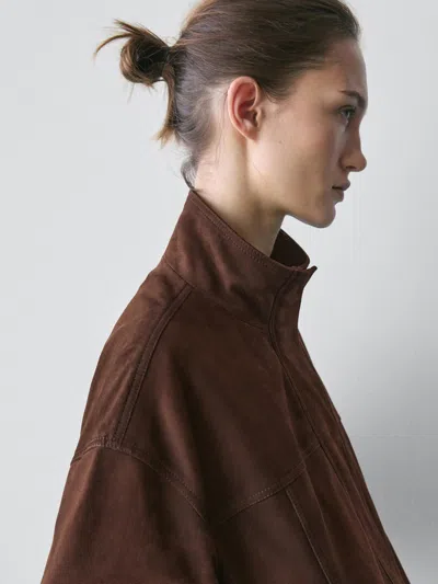 Massimo Dutti Suede Leather Bomber Jacket In Multi