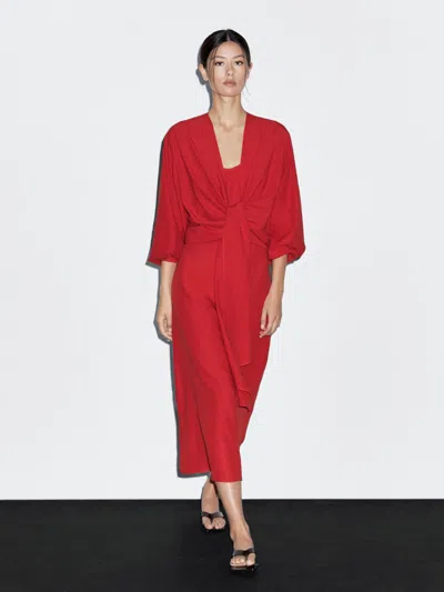 Massimo Dutti Midi Dress With Knotted Neckline In Red