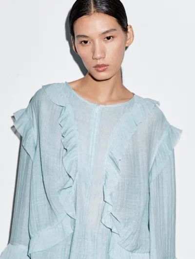 Massimo Dutti Flowing Blouse With Ruffles In Blue