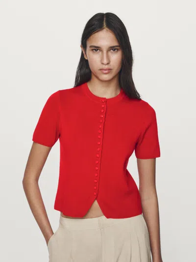 Massimo Dutti Short Sleeve Knit Cardigan With Button Details In Red