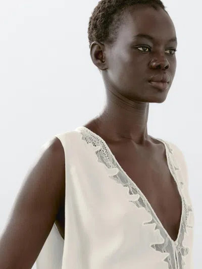 Massimo Dutti Flowing Blouse With Lace Detail In White