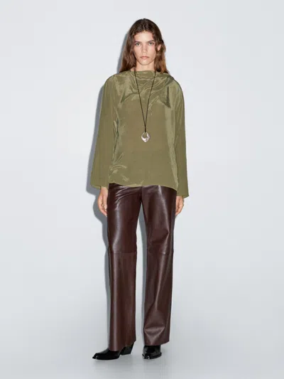Massimo Dutti Flowing Blouse With Voluminous Collar In Green