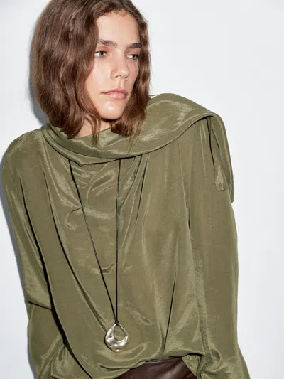 Massimo Dutti Flowing Blouse With Voluminous Collar In Green