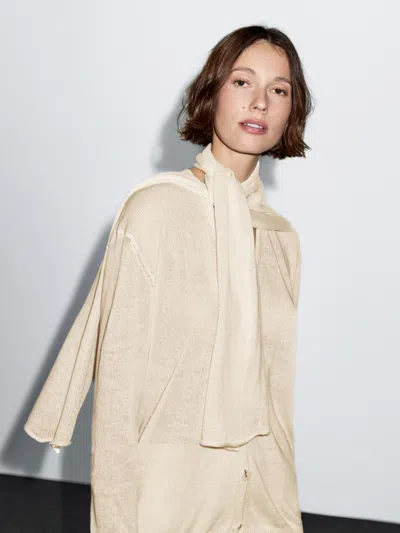 Massimo Dutti Linen Blend Knit Cardigan With Scarf In Neutral