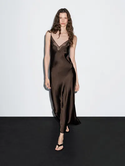Massimo Dutti Long Slip Dress In Brown
