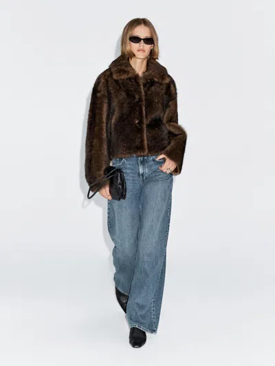 Massimo Dutti Short Leather Coat With Fur In Brown