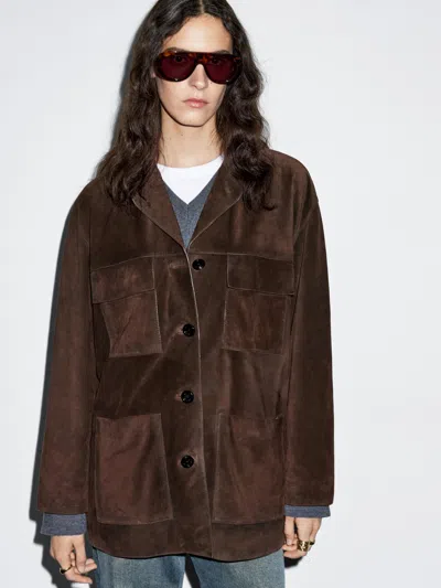 Massimo Dutti Split Suede Leather Jacket With Pockets In Brown