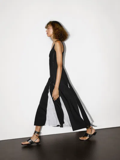 Massimo Dutti Long Flowing Linen Blend Dress In Brown