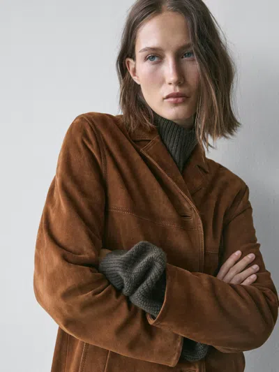 Massimo Dutti Long Suede Leather Coat In Animal Print