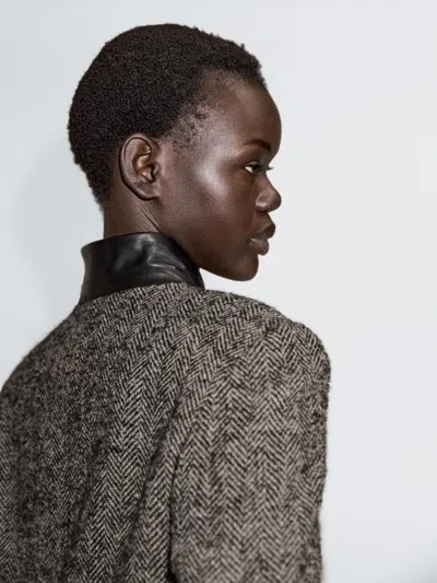 Massimo Dutti Herringbone Wool Blend Blazer With High Collar In Multi