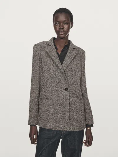 Massimo Dutti Herringbone Wool Blend Blazer With High Collar In Multi