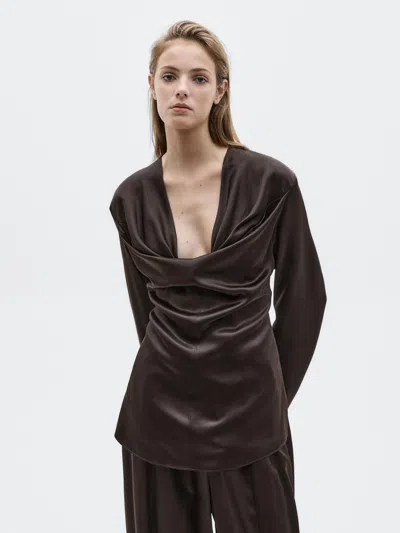 Massimo Dutti Satin Blouse With Neckline Detail In Multi