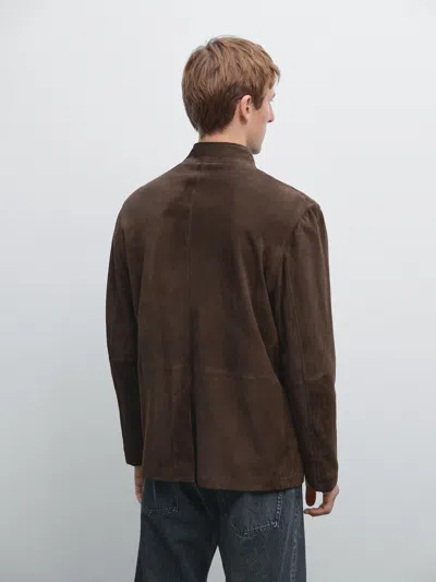 Massimo Dutti Suede Leather Stand Collar Jacket In Animal Print