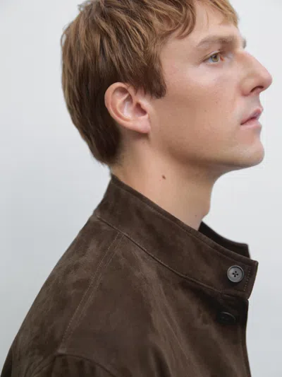 Massimo Dutti Suede Leather Stand Collar Jacket In Animal Print