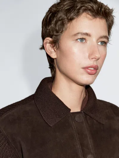 Massimo Dutti Short Knit Cardigan With Contrast Suede Leather In Multi