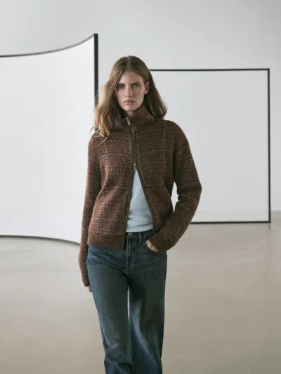 Massimo Dutti Check Knit Alpaca And Felt Texture Cardigan In Multi