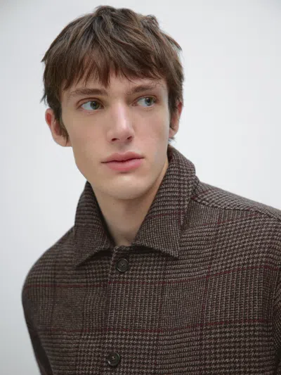 Massimo Dutti Wool Blend Check Overshirt In Brown