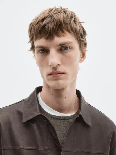 Massimo Dutti Nappa Leather Overshirt In Brown