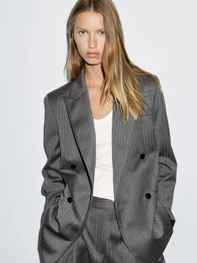 Massimo Dutti 100% Wool Pinstripe Blazer In Gray