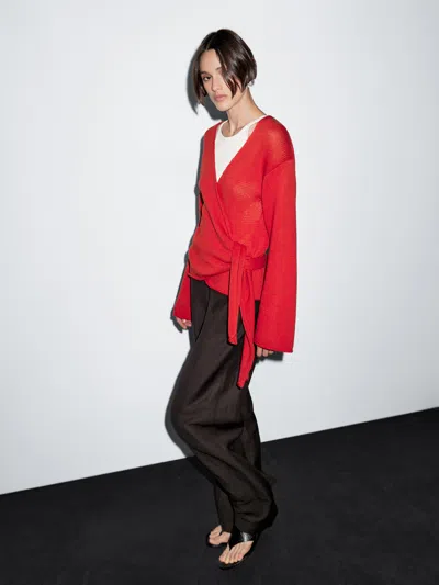 Massimo Dutti Knit Cardigan With Belt Detail In Red