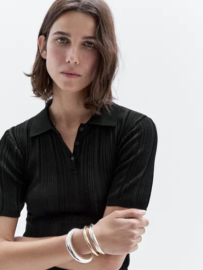 Massimo Dutti 100% Cotton Polo Shirt With Ribbed Detail In Black