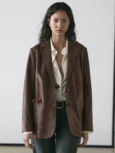 Massimo Dutti Suede Leather Blazer With Lapel Collar In Brown