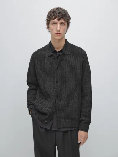 Massimo Dutti Knit Cotton And Wool Blend Cardigan With Buttons In Black